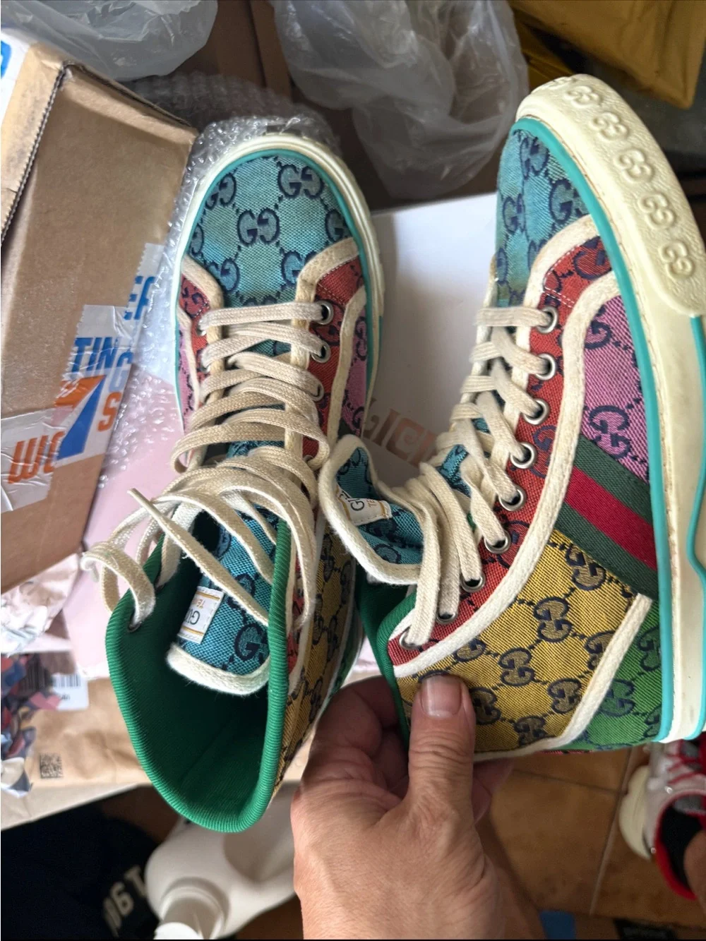 Gucci Mens size 8 Multicolor GG Canvas High-Top Sneakers with Cream Laces